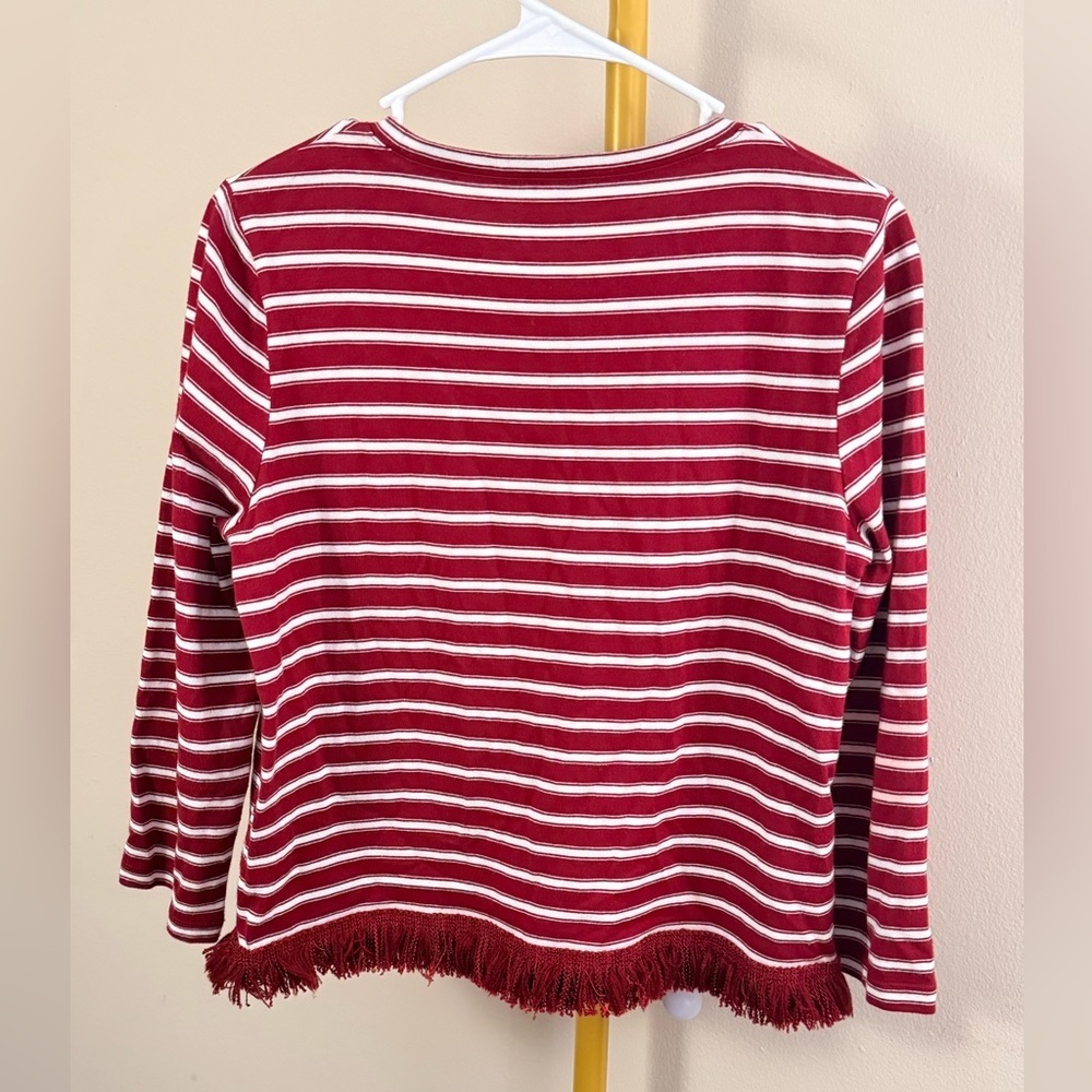 Kate Spade Striped Fringe Hem Long Sleeve Top Medium Red White - Picture 2 of 4